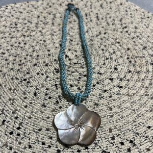 Blue Beaded Necklace with Shell Flower Pendant